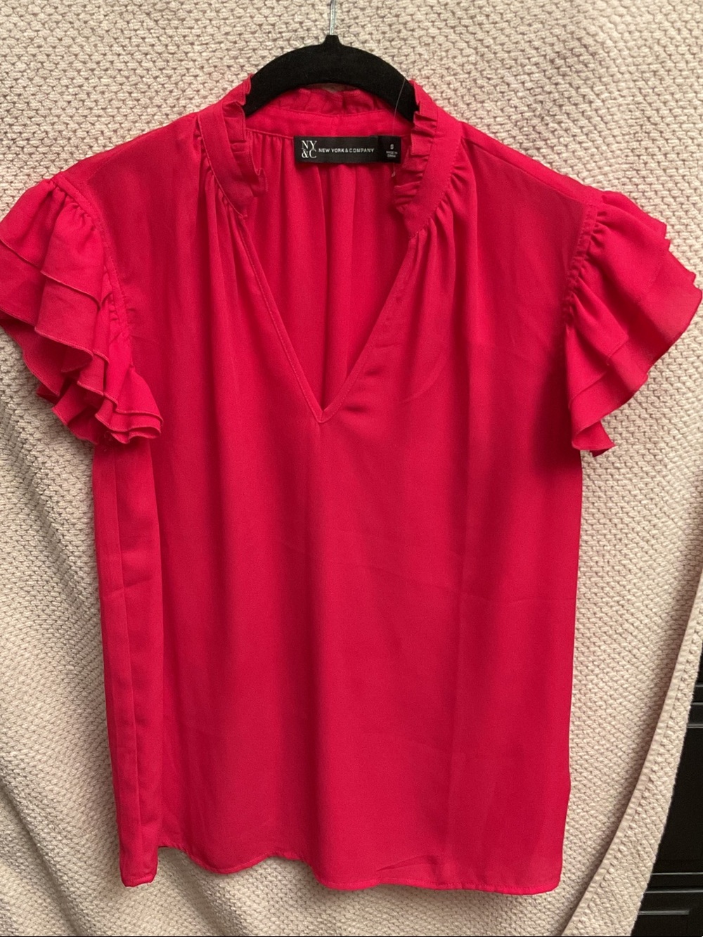New York & Company Hot Pink Ruffle Sleeve V-Neck Blouse